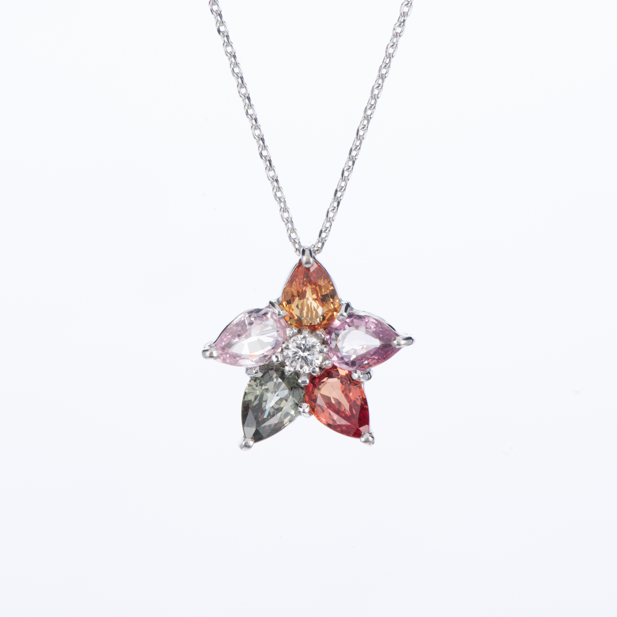 ブルーム マルチカラーサファイアxダイヤモンド ホワイトゴールドペンダントネックレス (S: 2.36ct D: 0.09ct K18WG) –  株式会社瑞勝 | ZUISHO Diamonds